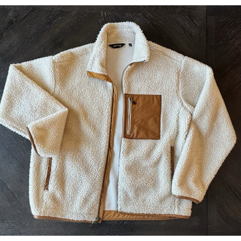 Orvis Stove Sherpa jacket size men’s large cream with tan leather accents